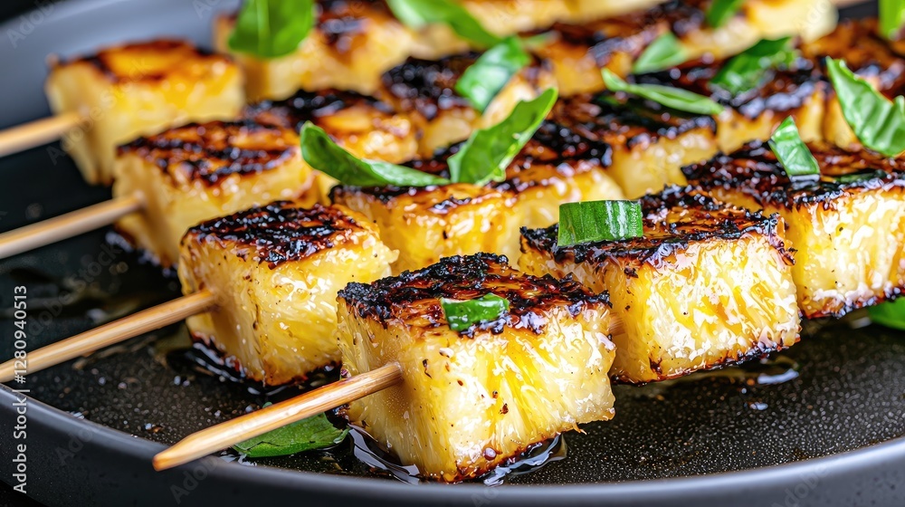 Grilled pineapple skewers, close-up, herbs, dark plate Grilled pineapple skewers, close-up, herbs, dark plate