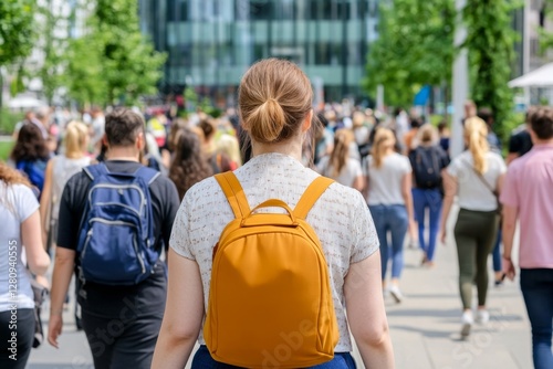 crowd of people walking on busy street commuting through the city metropolis