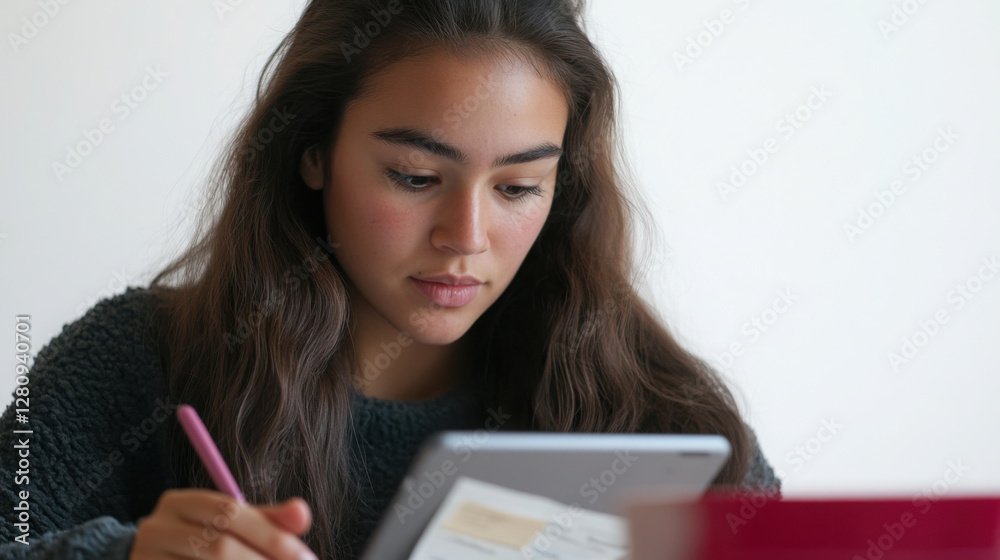 Focused young woman studying for online course with digital tablet and notebook Focused young woman studying for online course with digital tablet and notebook