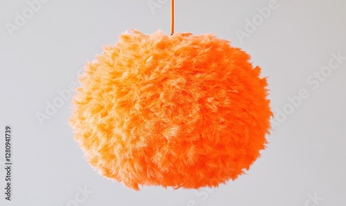 Bright orange fluffy pendant light hanging against a plain background, adding warmth to the space