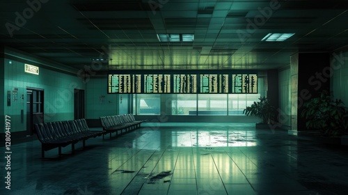 Deserted airport waiting area with rows of empty seats and a departure board.
