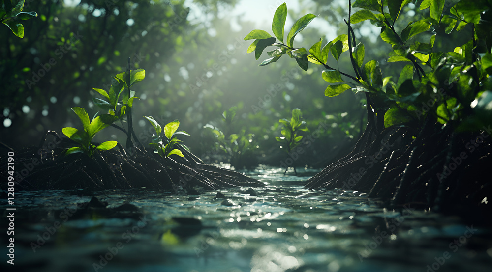 Naklejka premium Exploring lush mangrove forests coastal waters nature photography serene environment ground level view biodiversity conservation