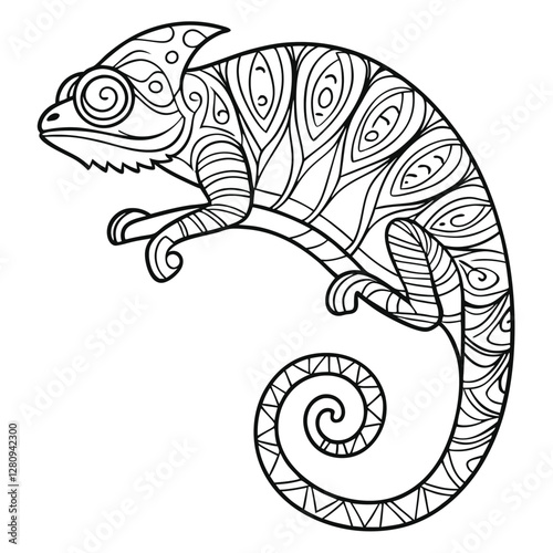 Chameleon Coloring Page: Intricate Zentangle Style Illustration of a Reptile with Detailed Patterns for Relaxation and Creative Fun