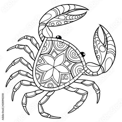 Crab Coloring Page: Intricate Zentangle Style Crab Illustration for Relaxation, Detailed Animal Art, Printable Crab Design for Adults & Kids