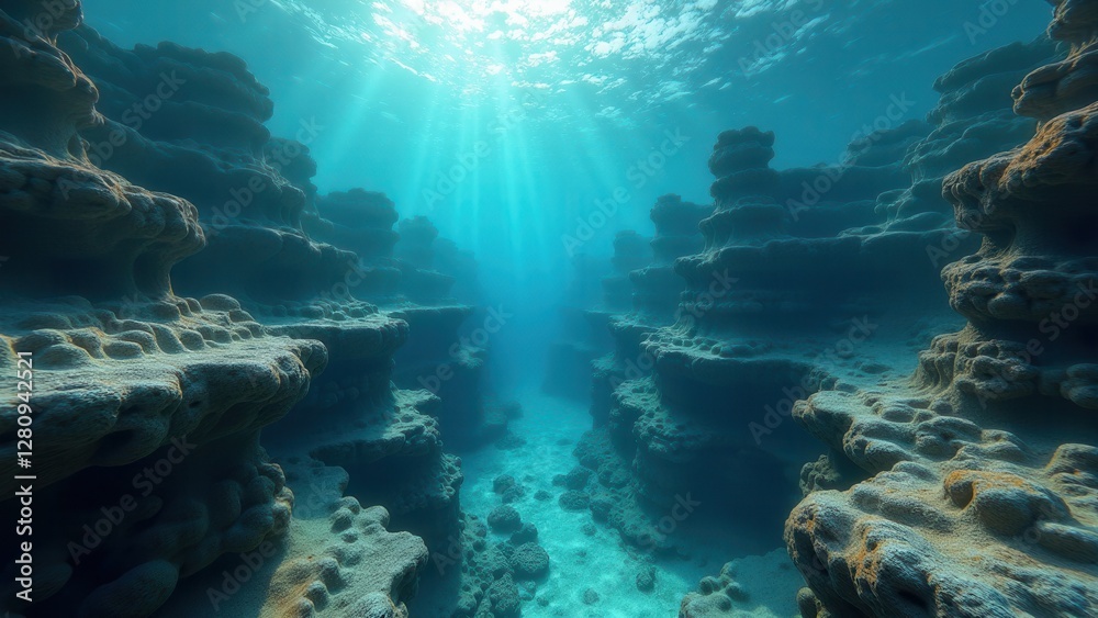 Fototapeta premium Underwater coral reef caves affected by bleaching with sunlight streaming in 