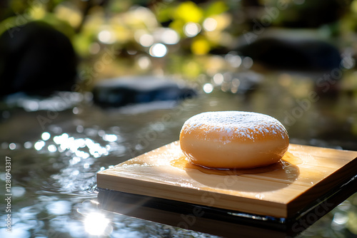 dorayaki placed on a nautical-themed plate, with a bright and airy harbor scene behind it photo