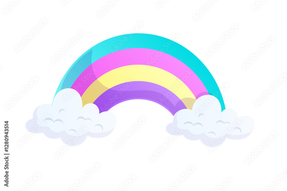Colorful rainbow with clouds. Icon on a white background. Isolated vector illustration for design, prints, postcards. Colorful rainbow with clouds. Icon on a white background. Isolated vector illustration for design, prints, postcards.