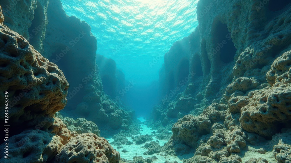 Fototapeta premium Underwater coral reef caves affected by bleaching with sunlight streaming in 