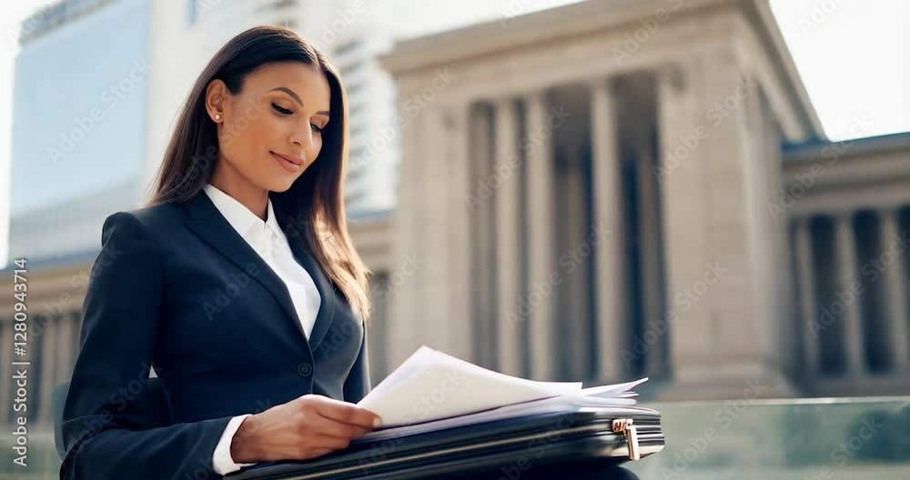 Businesswoman in Black Suit Reading Papers Outdoors in Daylight Businesswoman in Black Suit Reading Papers Outdoors in Daylight