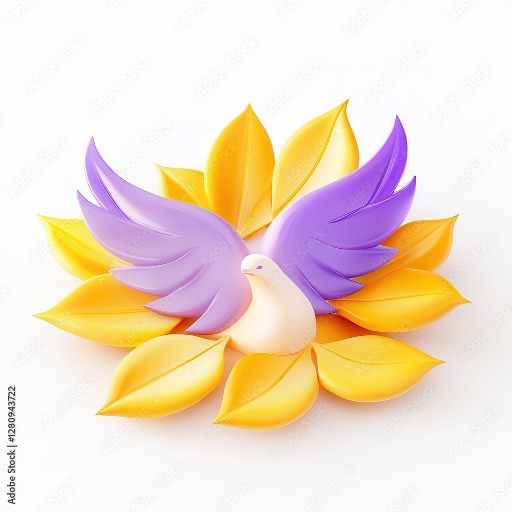 A stylized dove with purple wings surrounded by vibrant yellow leaves, symbolizing peace and harmony.