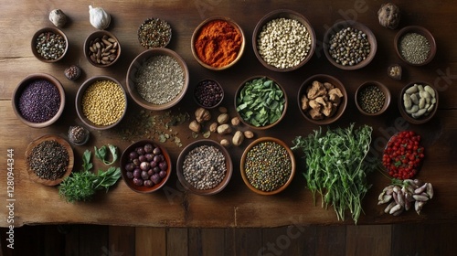 Assorted spices and herbs in wooden bowls on rustic table photo