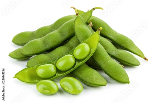 Fresh green edamame pods with shelled beans, isolated on a white background