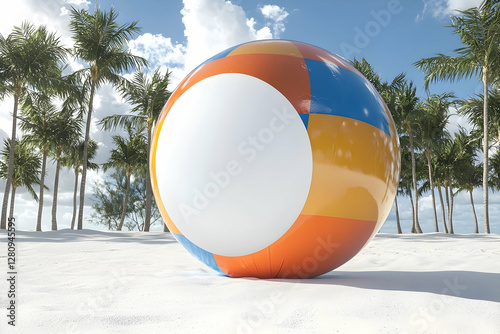 A large blank beach ball mockup on white sand, creating a creative podium.