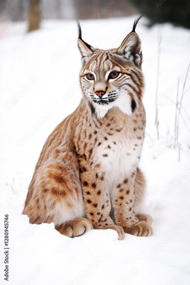 Naklejka premium A buffalo cat sits on snow, looking at the camera with a slightly curious expression.