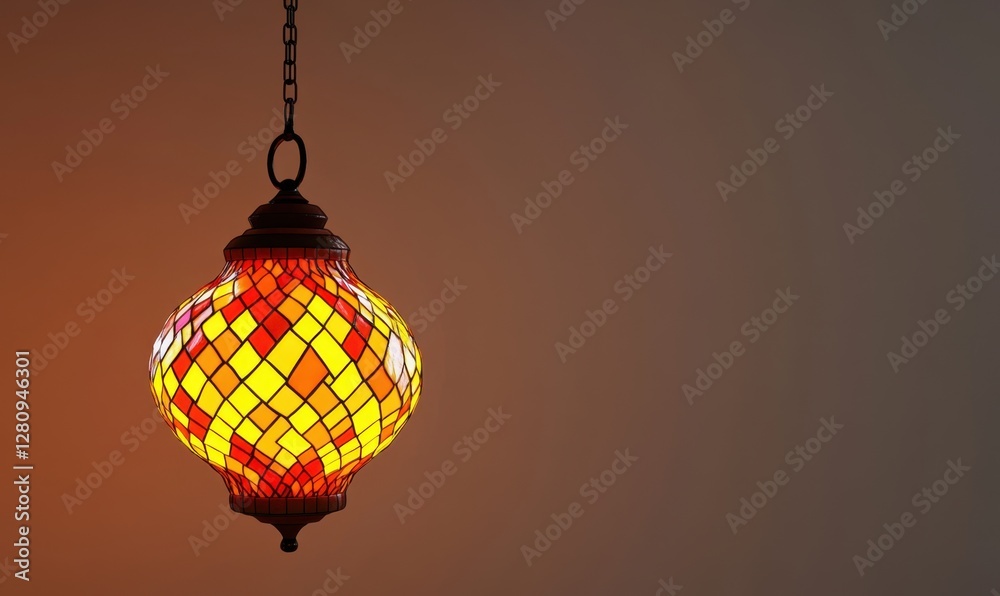 Obraz premium Colorful stained glass lamp hanging against a softly lit background, creating a warm ambiance
