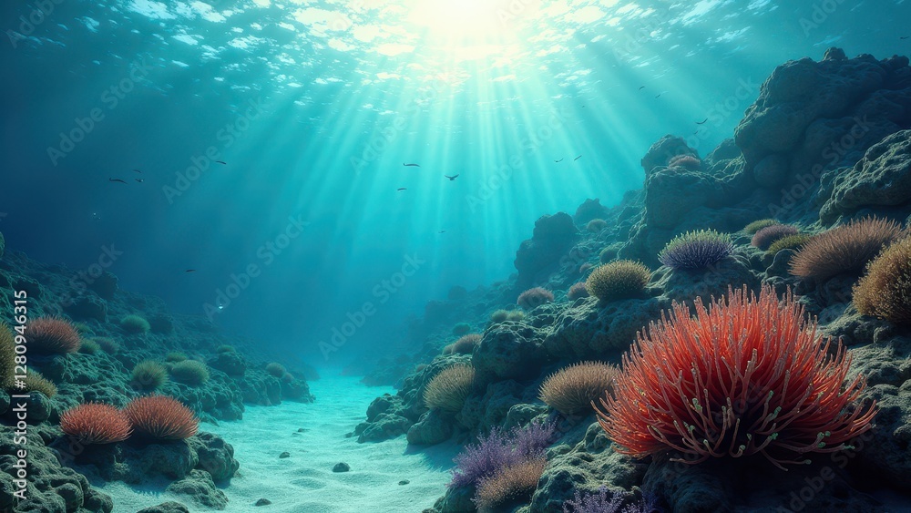 Fototapeta premium Sunlit underwater view of coral reef affected by bleaching in tropical ocean 