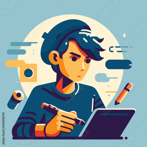 Digital Artist Using Tablet in Retro Flat Illustration Style