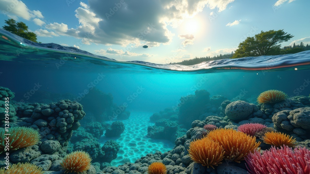 Fototapeta premium Sunlit underwater view of coral reef affected by bleaching in tropical ocean 