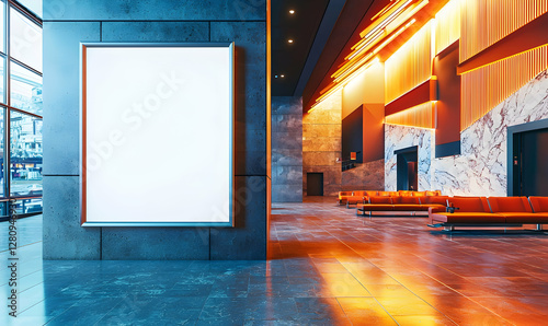 An empty backlit poster frame mockup placed in a cinema lobby setting.
