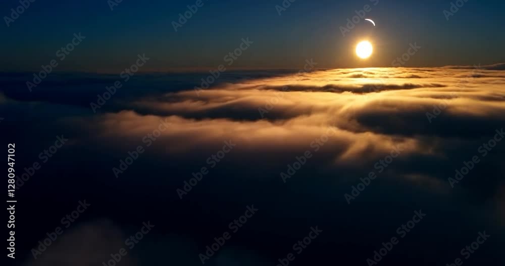 Sunrise over cloud cover showing sun and moon in the blue sky, golden light reflected on the cloud. Sunset, dawn, and sky are visible. Cloudy, atmospheric, and dramatic. Golden-orange lighting Sunrise over cloud cover showing sun and moon in the blue sky, golden light reflected on the cloud. Sunset, dawn, and sky are visible. Cloudy, atmospheric, and dramatic. Golden-orange lighting