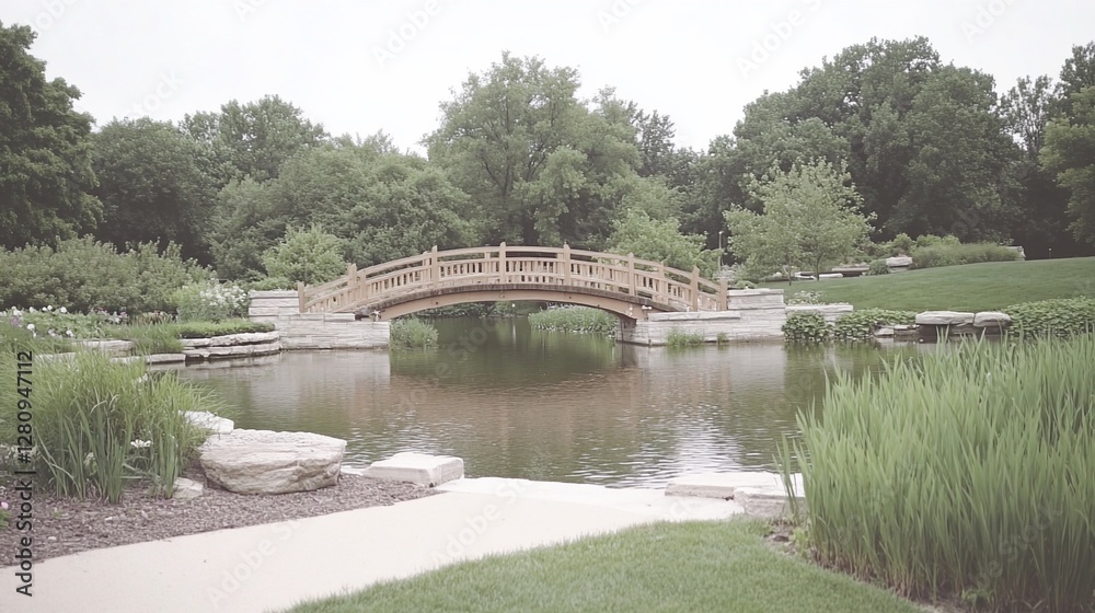 Fototapeta premium Wooden bridge over pond, park, serene landscape, wedding photo