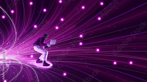 Photography Man crouching while holding laptop, surfing on glowing digital waves, surrounded by dynamic purple light trail