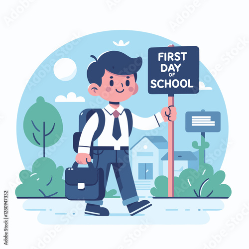 First Day of School Flat Illustration Cheerful Student Holding Sign