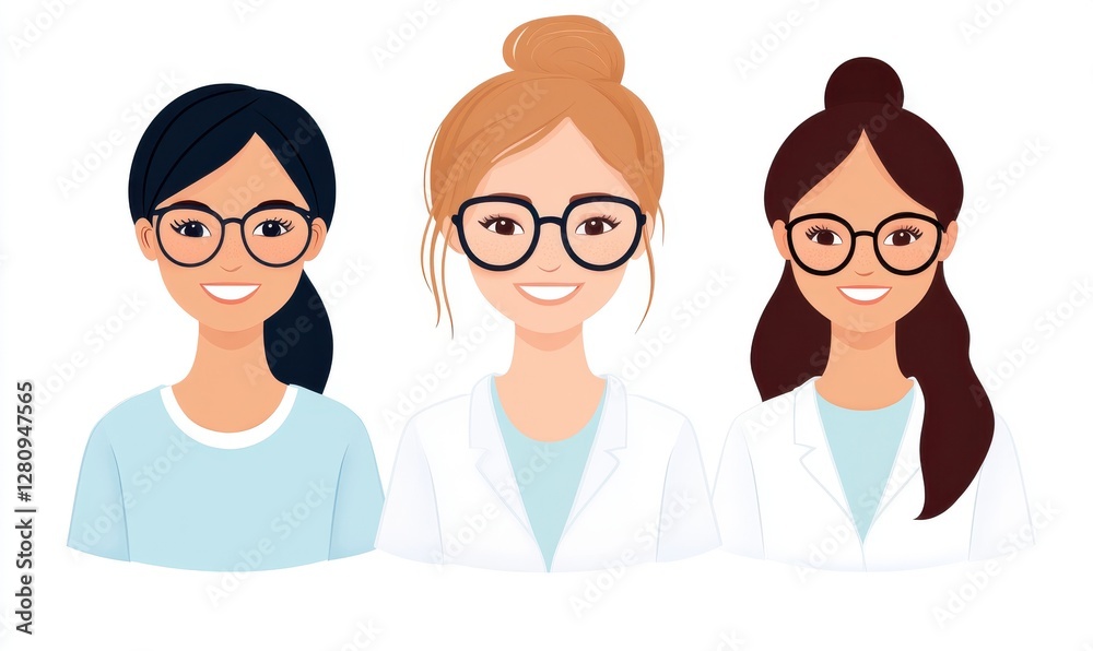 Three Diverse Female Scientists Smiling in Laboratory Coats Three Diverse Female Scientists Smiling in Laboratory Coats