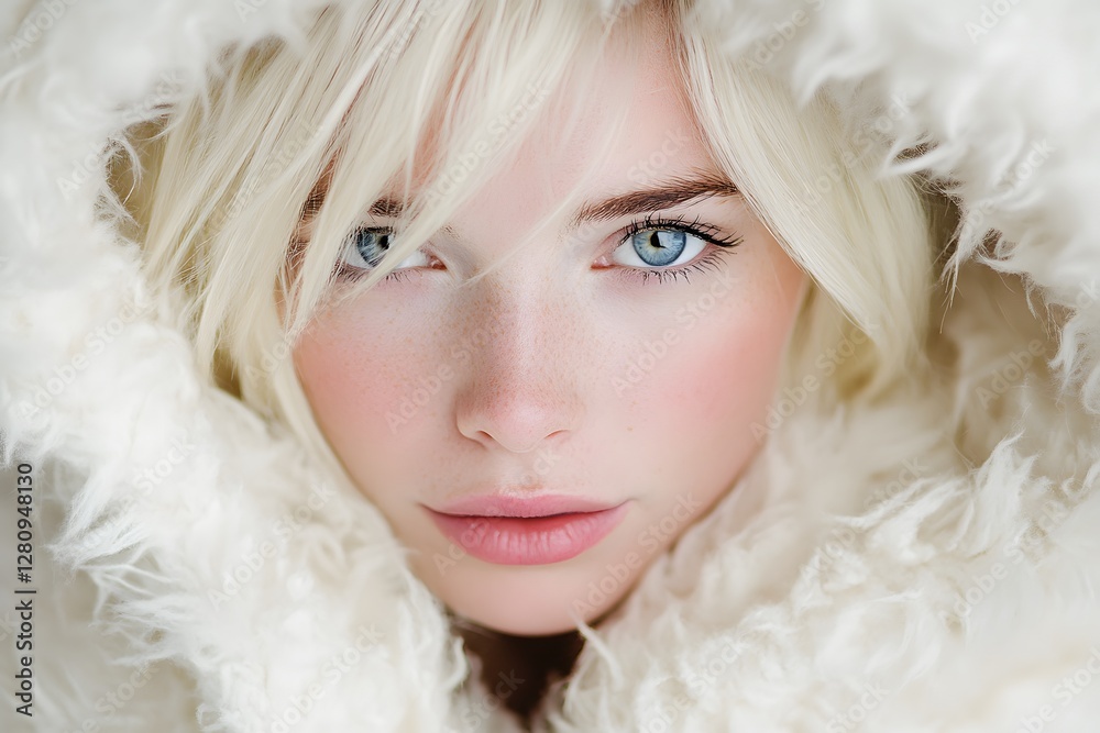 A beautiful woman with blonde hair and blue eyes, wearing an elegant white fur coat with feathers on the hood. She is looking at the camera in soft focus, Generative AI A beautiful woman with blonde hair and blue eyes, wearing an elegant white fur coat with feathers on the hood. She is looking at the camera in soft focus, Generative AI