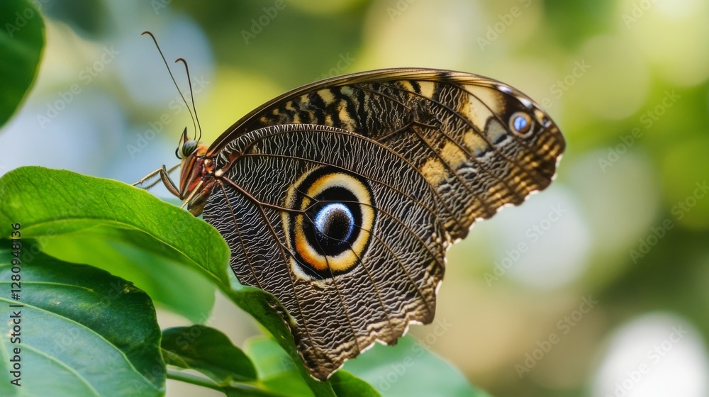 Detailed close-up of an owl butterfly resting on a leaf with vivid eye spots and veined wings Detailed close-up of an owl butterfly resting on a leaf with vivid eye spots and veined wings