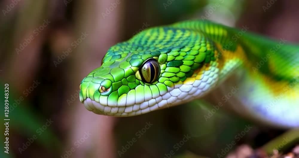 Green Snake Head Closeup Showing Green and Yellow Scales Background of Brown Leaves and Branches in Soft Focus Green Snake Head Closeup Showing Green and Yellow Scales Background of Brown Leaves and Branches in Soft Focus