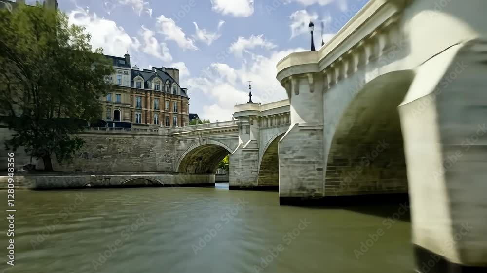 Camera overflies the river Seine by the Pont Neuf