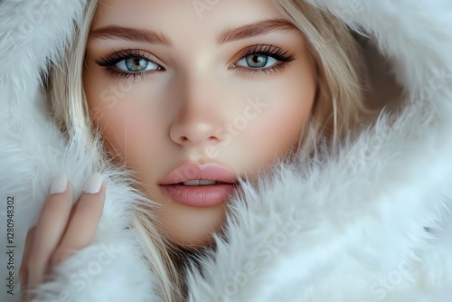 A beautiful woman with blonde hair and blue eyes, wearing an elegant white fur coat with feathers on the hood. She is looking at the camera in soft focus, Generative AI
