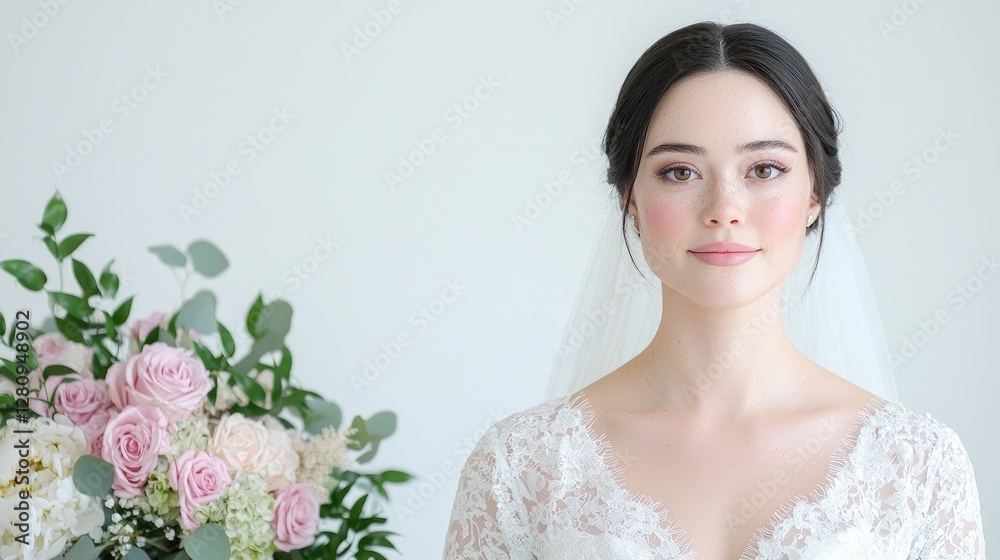 Bride portrait, flowers, white background, bridal look, studio shot, for wedding magazine, potentially use in marketing Bride portrait, flowers, white background, bridal look, studio shot, for wedding magazine, potentially use in marketing