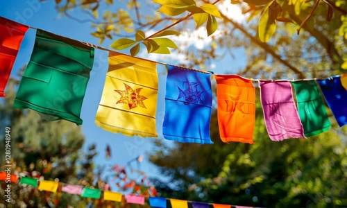 Colorful prayer flags hanging outdoors in natural setting