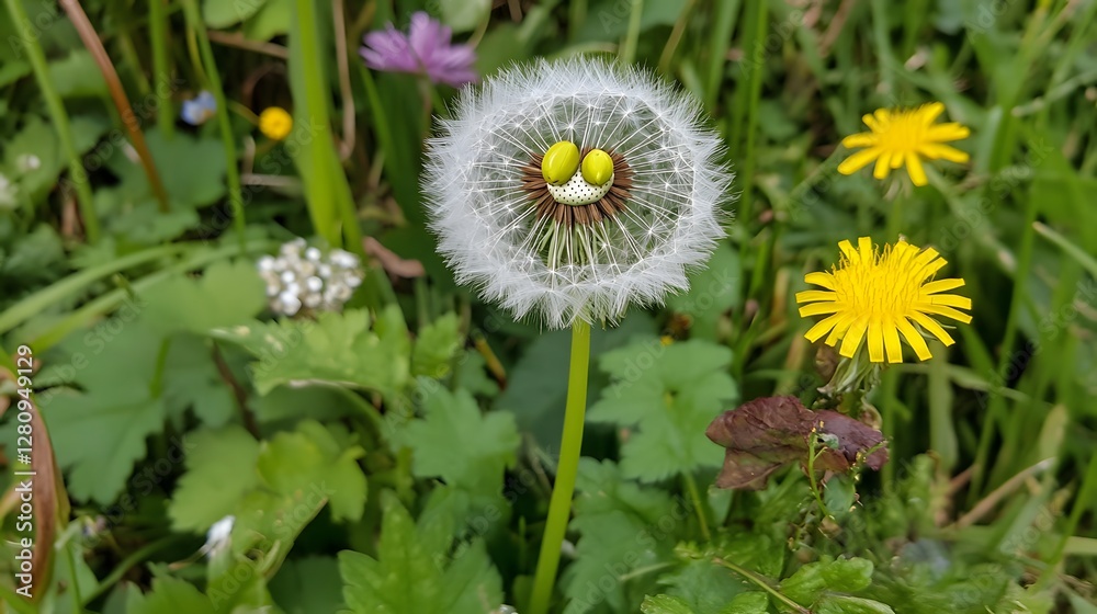 Happy Dandelion Face in Green Meadow Happy Dandelion Face in Green Meadow
