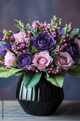 A beautiful bouquet of purple and pink roses, arranged to perfection and complemented by lush greenery. photo