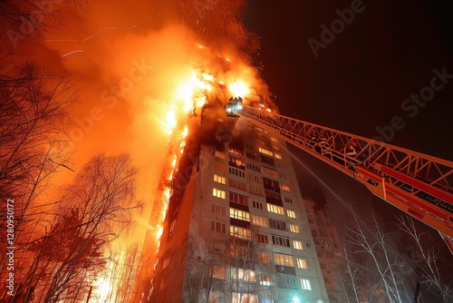 A fire is burning a tall building