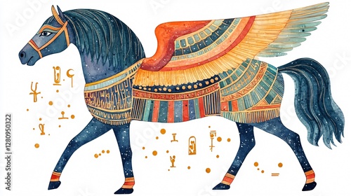 Watercolor Illustration of an Ornate Ancient Egyptian Mare with Chariot