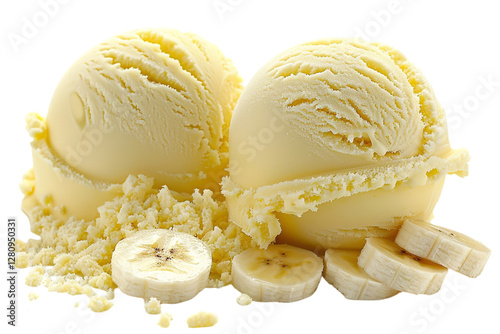 A close view of a scoop of banana ice cream and banana isolated on a plain background or PNG for food type poster or graphic use, Generative AI. photo