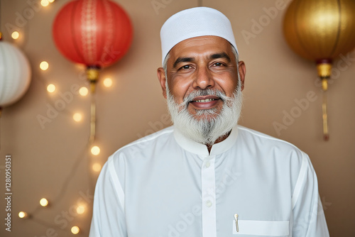old Muslim Pakistani man wearing traditional outfit celebrating Eid al Fitr