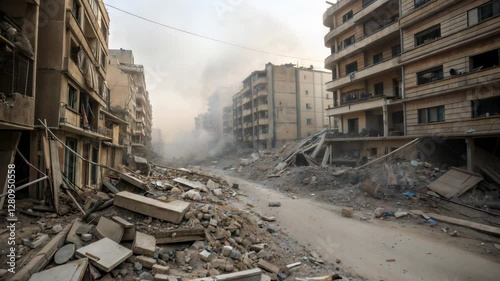 Destroyed War-Torn City with Rising Smoke and Dust After Explosion, Conflict and Destruction Concept