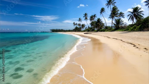 Tropical Paradise Beach with Azure Sea, Yellow Sand, and Palm Trees, Vacation Mood Concept