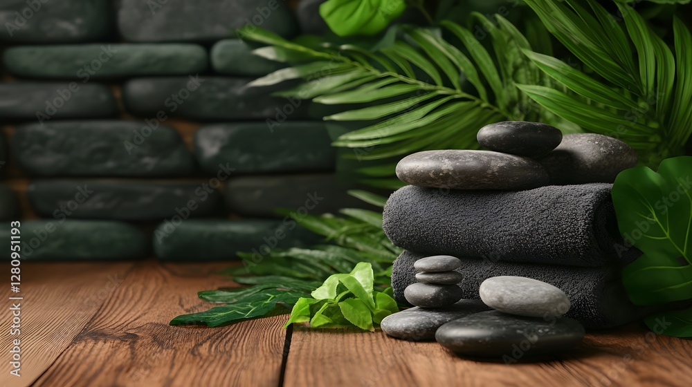 Obraz premium Spa Relaxation, Grey Towels and Smooth Stones with Lush Tropical Leaves