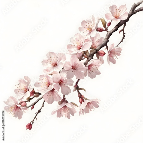Digital matte painting with a branch of blooming Sakura on a light background. Botanical drawing.