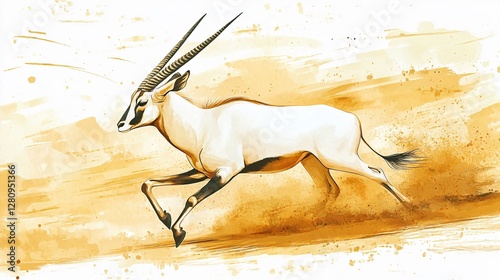 Watercolor Painting of Arabian Oryx Antelope Running