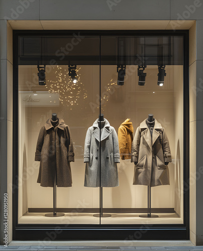 Fashion display of stylish coats in urban storefront retail environment nighttime viewpoint consumer appeal