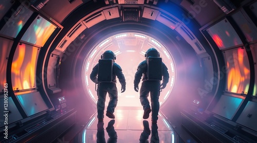 Astronauts walking inside futuristic spaceship with soft lighting and sci-fi atmosphere