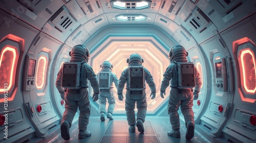 Astronauts walking inside futuristic spaceship with soft lighting and sci-fi atmosphere