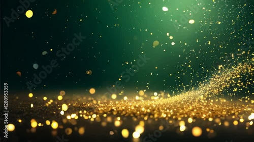 Mystical Dark Emerald Green Background with Moving Golden Dust and Sparkling Particles